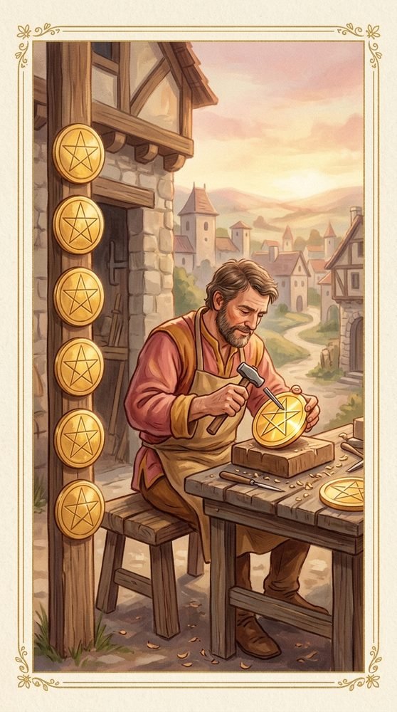 Eight of Pentacles tarot card from the Claritas deck