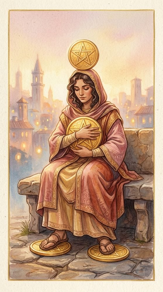 Four of Pentacles tarot card from the Claritas deck