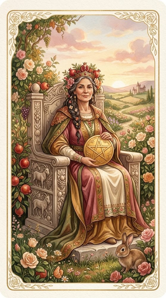 Queen of Pentacles tarot card from the Claritas deck