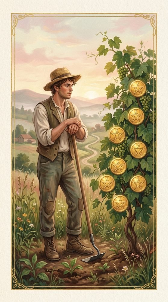 Seven of Pentacles tarot card from the Claritas deck