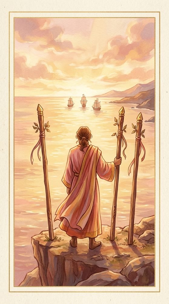 Three of Wands tarot card from the Claritas deck