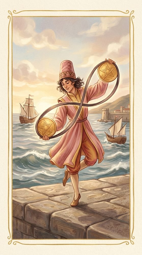 Two of Pentacles tarot card from the Claritas deck