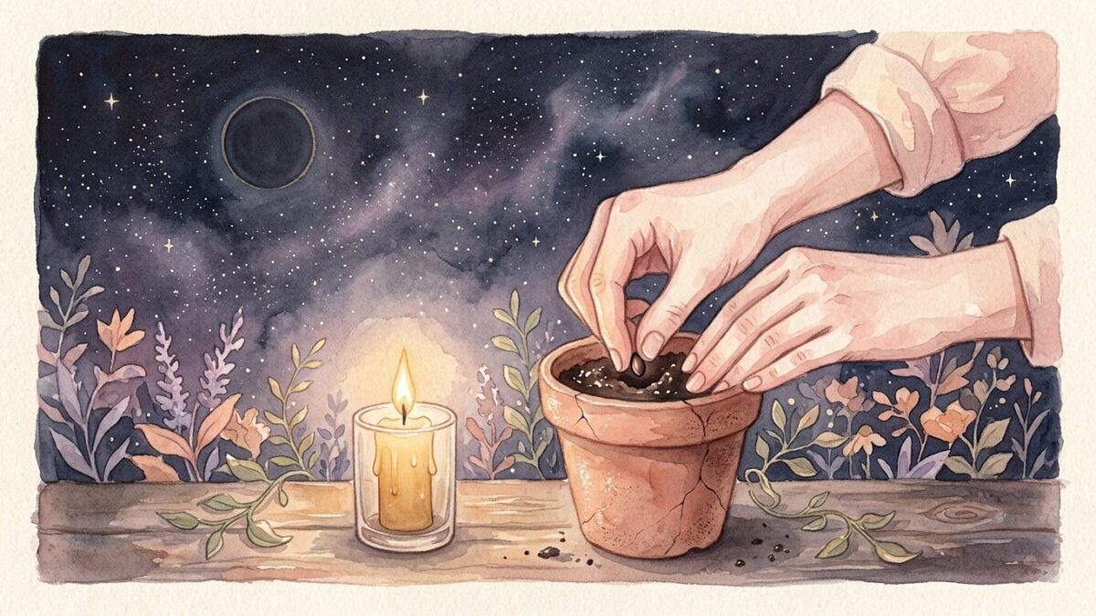 Hands pressing a seed into a small terracotta pot by candlelight under a dark starry sky, soft watercolour illustration