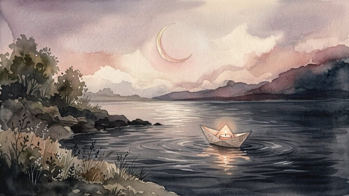 A thin waning crescent moon over dark calm water, a paper boat with a small candle drifting away from the shore, soft watercolour illustration