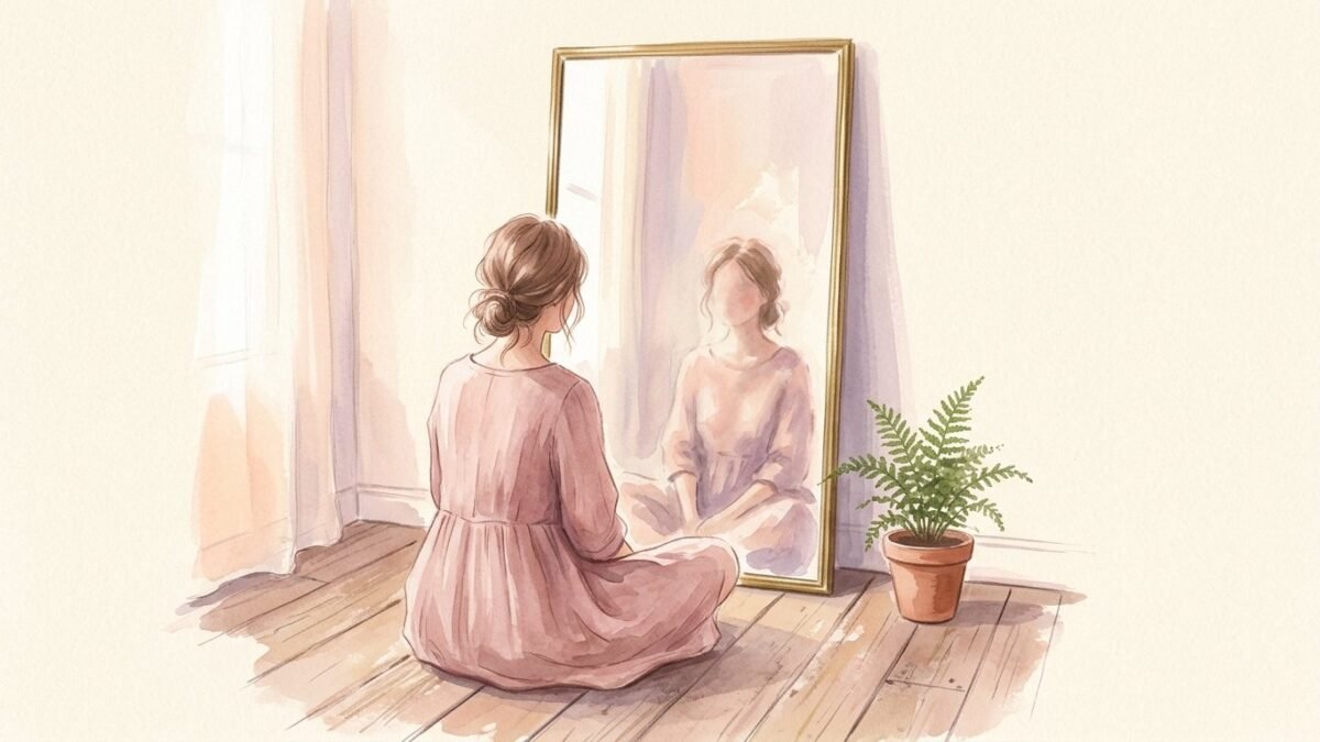 A young woman seen from behind sitting on a wooden floor in front of a tall mirror in morning light, soft watercolour illustration