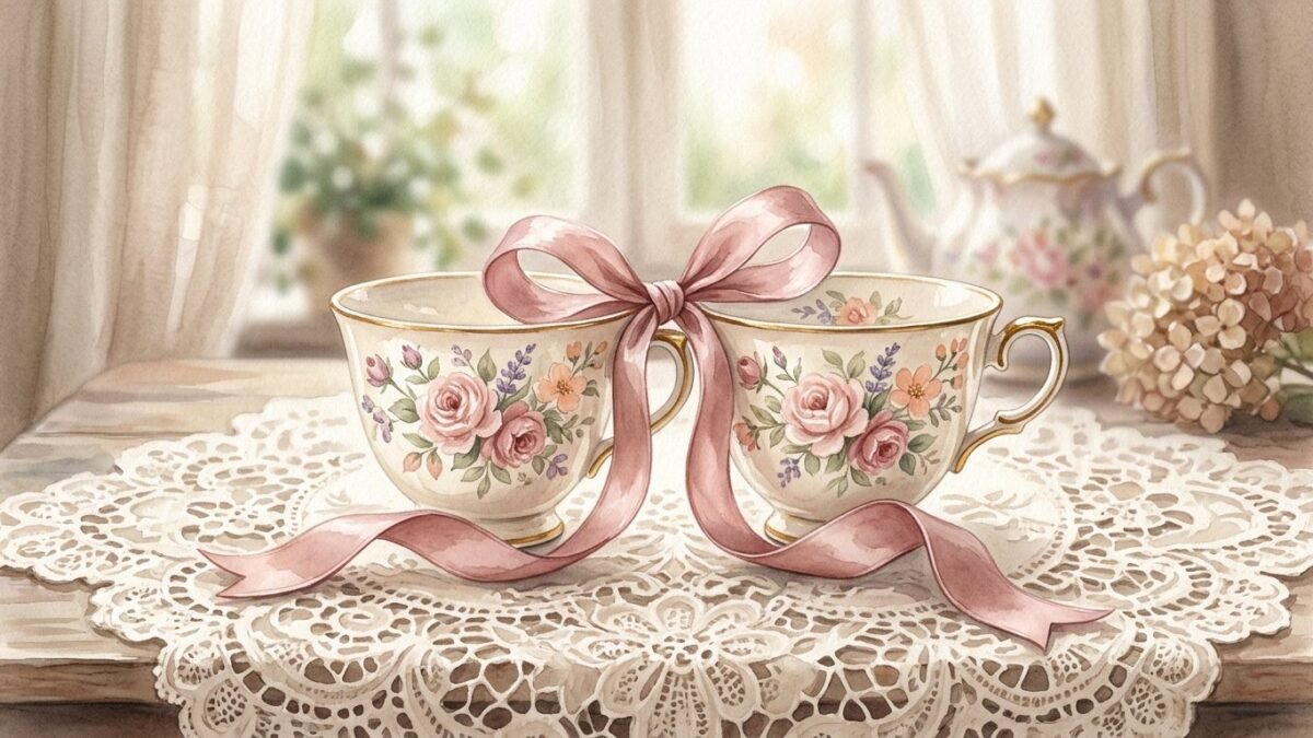 Two porcelain teacups tied together with a loose silk ribbon on a lace tablecloth, soft watercolour illustration