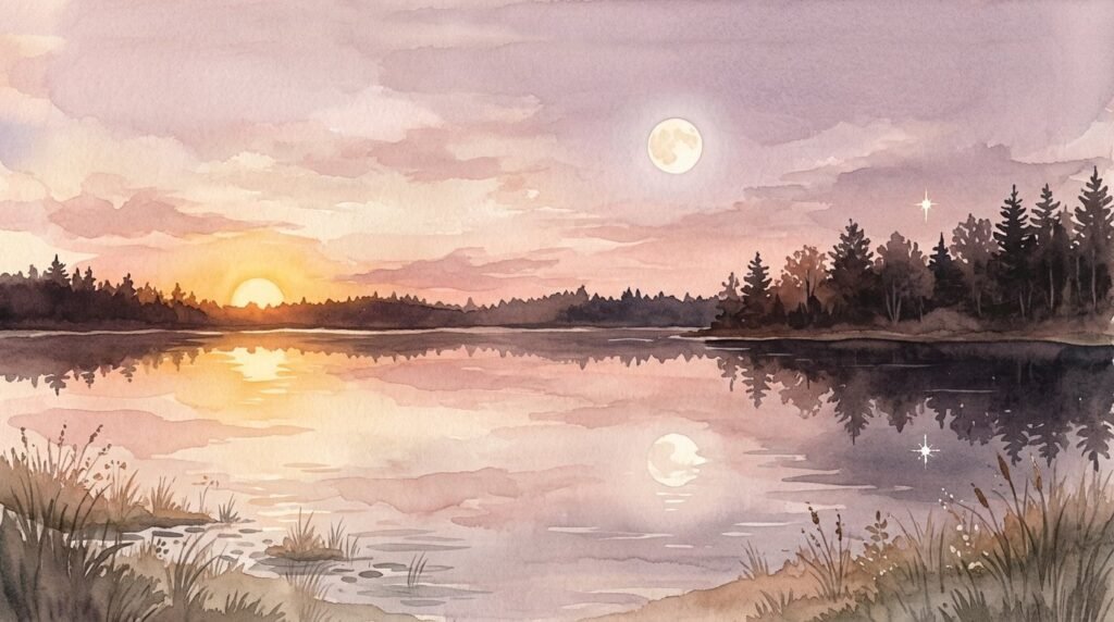 A setting sun, a pale moon and a rising star reflected together in a still lake at dusk, soft watercolour illustration