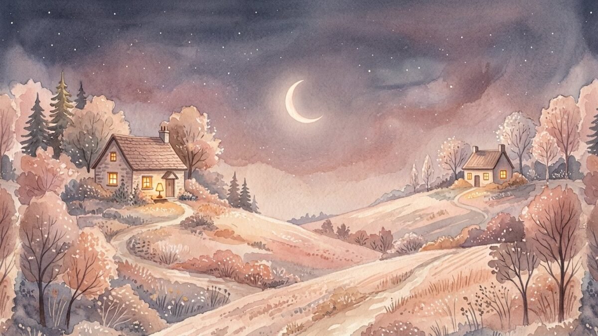 Two small houses on opposite hills at night, one warm lamp glowing in each window, a crescent moon between them, soft watercolour illustration