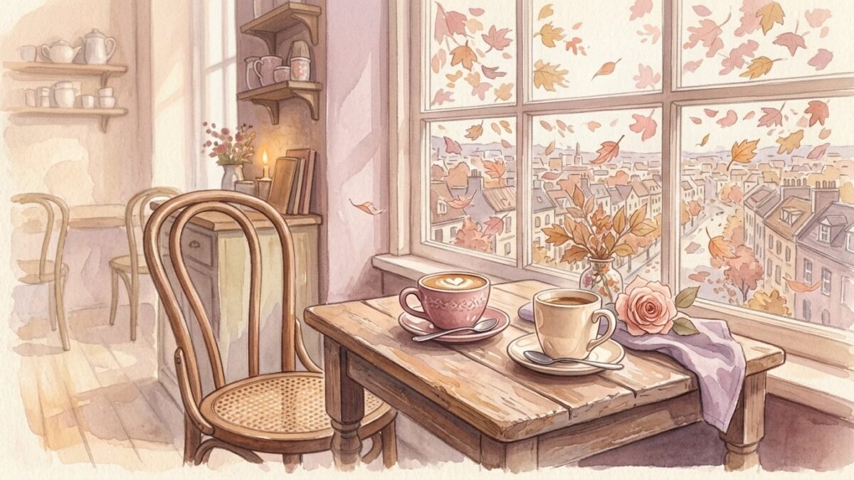 Two coffee cups on a cafe table, one empty chair pushed back, autumn leaves drifting past the window outside, soft watercolour illustration