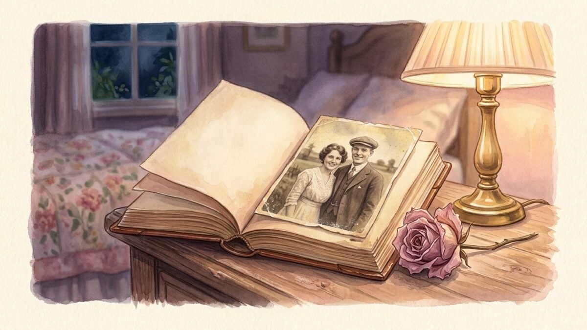 A faded photo of a couple tucked into an open book on a bedside table beside a dried rose, soft watercolour illustration