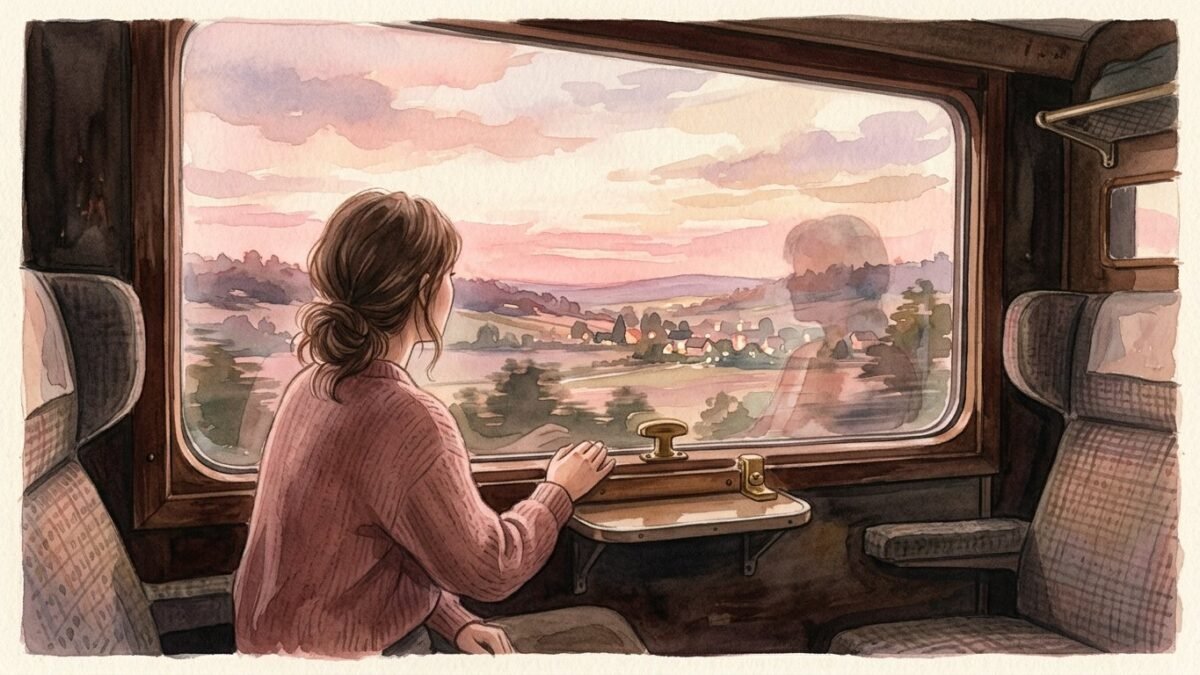 A woman seen from behind gazing out of a train window at a passing pink dusk landscape, soft watercolour illustration