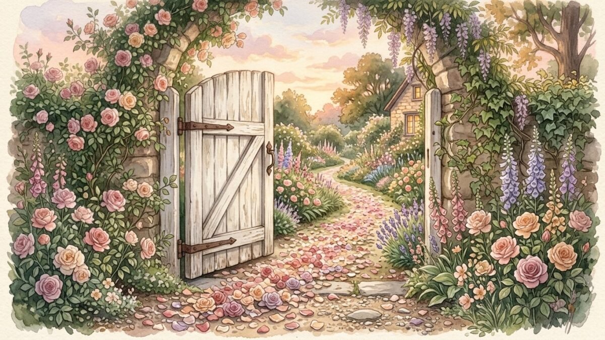 A white wooden gate standing ajar with a path of rose petals leading into a twilight garden, soft watercolour illustration