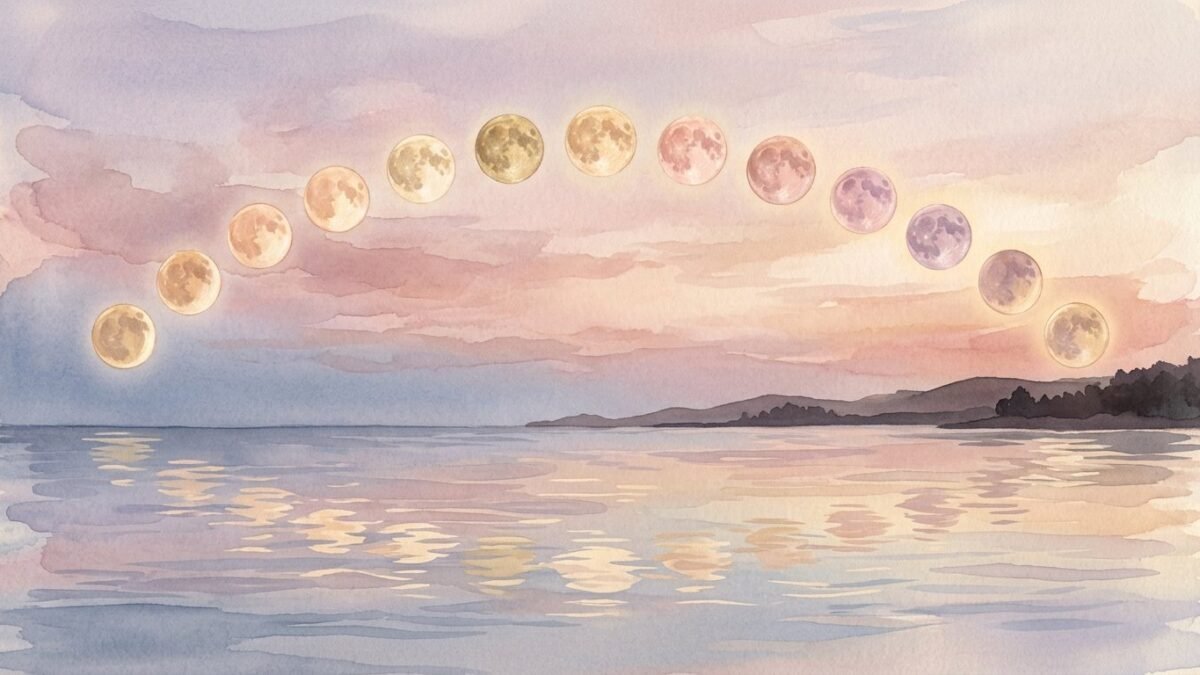 Thirteen glowing full moons arcing across a twilight sky over a calm sea, each moon a slightly different warm tone, soft watercolour illustration