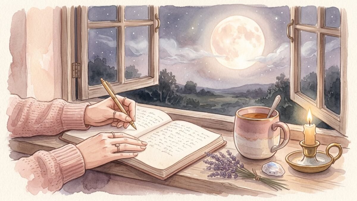 A woman's hands writing in a notebook on a deep windowsill under a big full moon, a mug of tea and a candle beside her, soft watercolour illustration