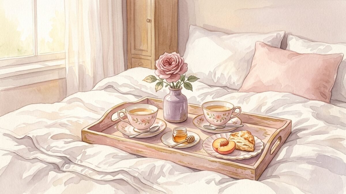 Two cups of tea and a single flower in a small vase on a tray, sunlight across white bed linen, soft watercolour illustration