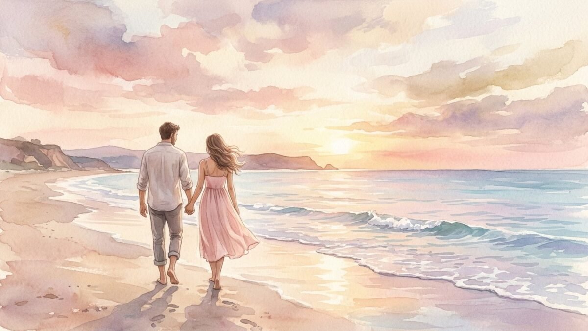 A couple seen from behind walking hand in hand along the shore at golden hour, gentle waves, soft watercolour illustration