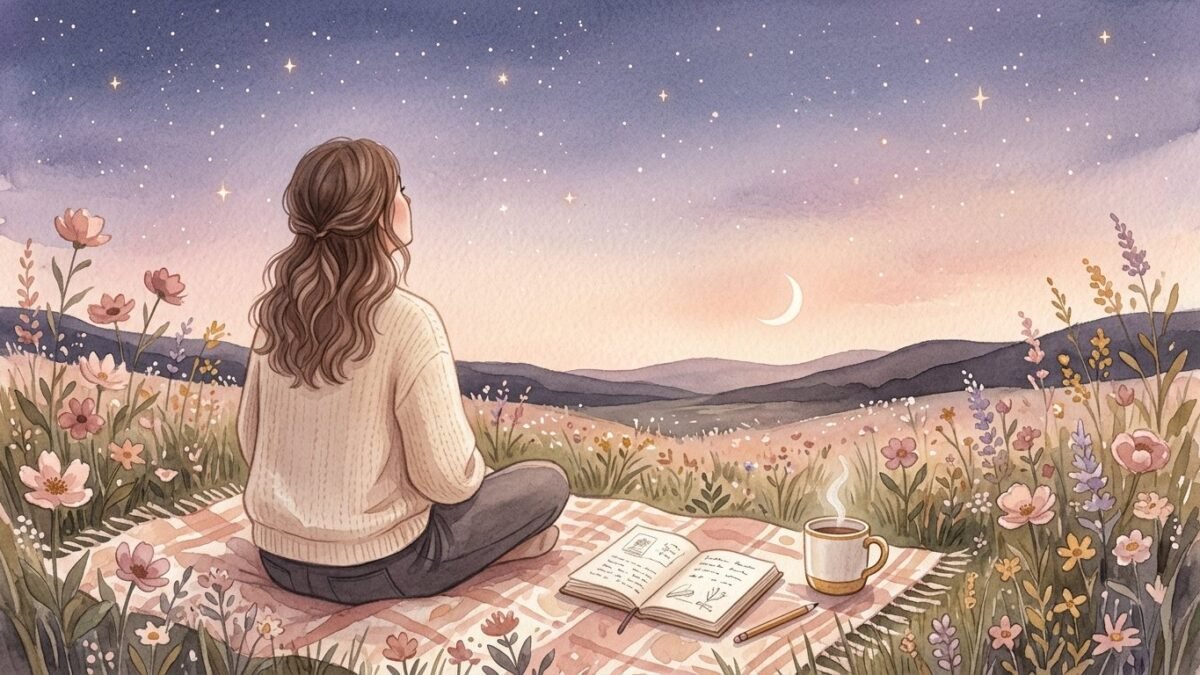 A woman seen from behind on a blanket in a twilight meadow, looking up at the first stars and a crescent moon, soft watercolour illustration