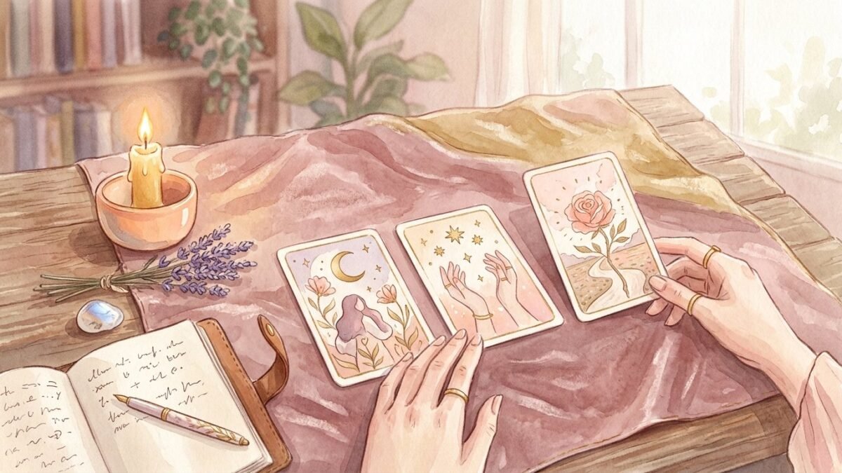 Hands laying out three tarot cards on a soft velvet cloth, a candle and an open notebook nearby, soft watercolour illustration
