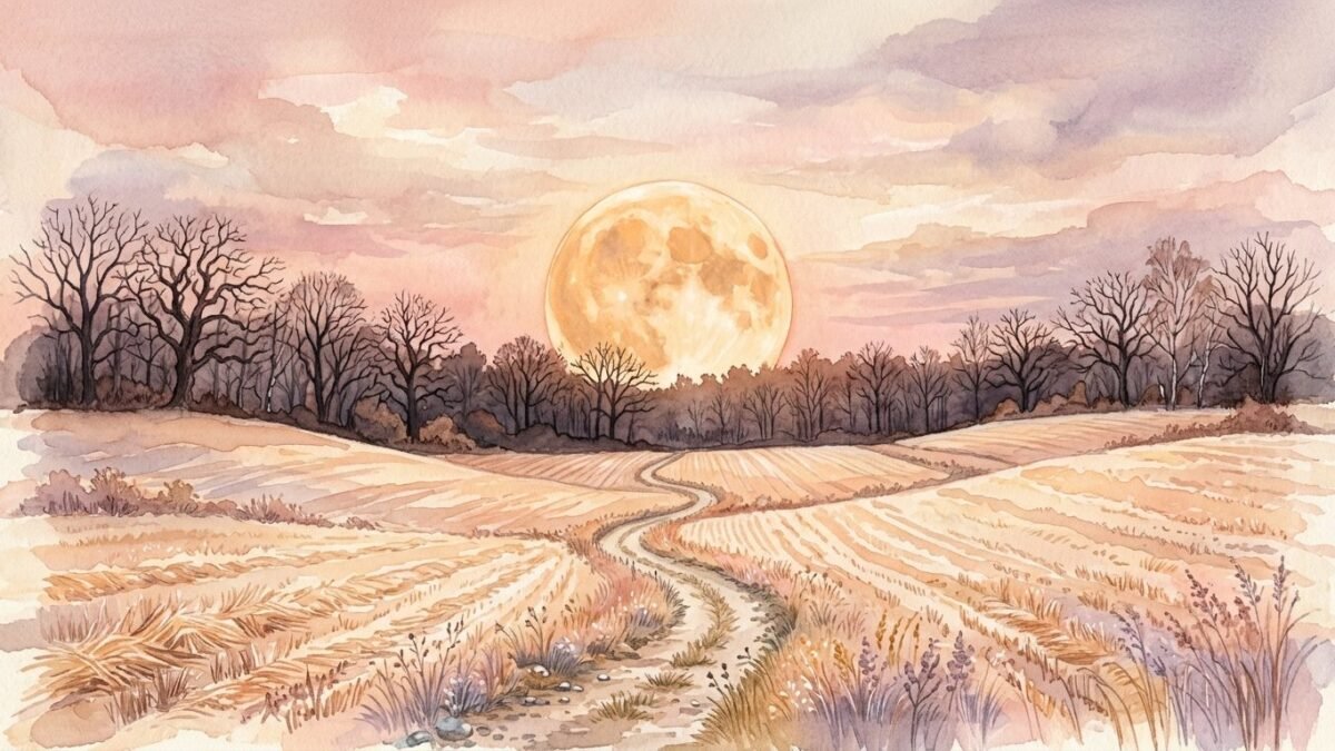 A huge amber full moon rising over bare harvested autumn fields and a line of dark trees at dusk, soft watercolour illustration