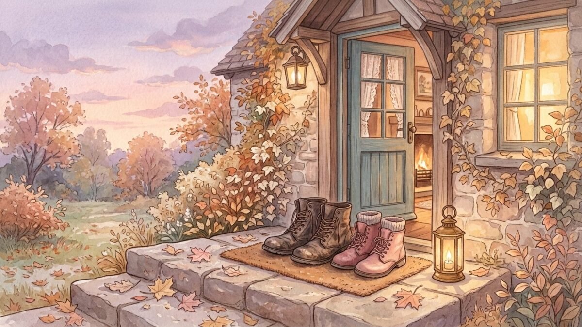 Two pairs of boots side by side at a cottage doorway on an autumn evening, a lantern on the step, soft watercolour illustration