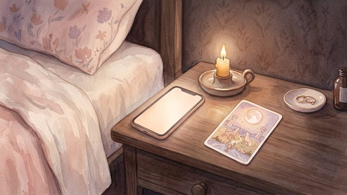 A phone with a softly glowing blank screen on a nightstand beside a candle and a single tarot card, night, soft watercolour illustration
