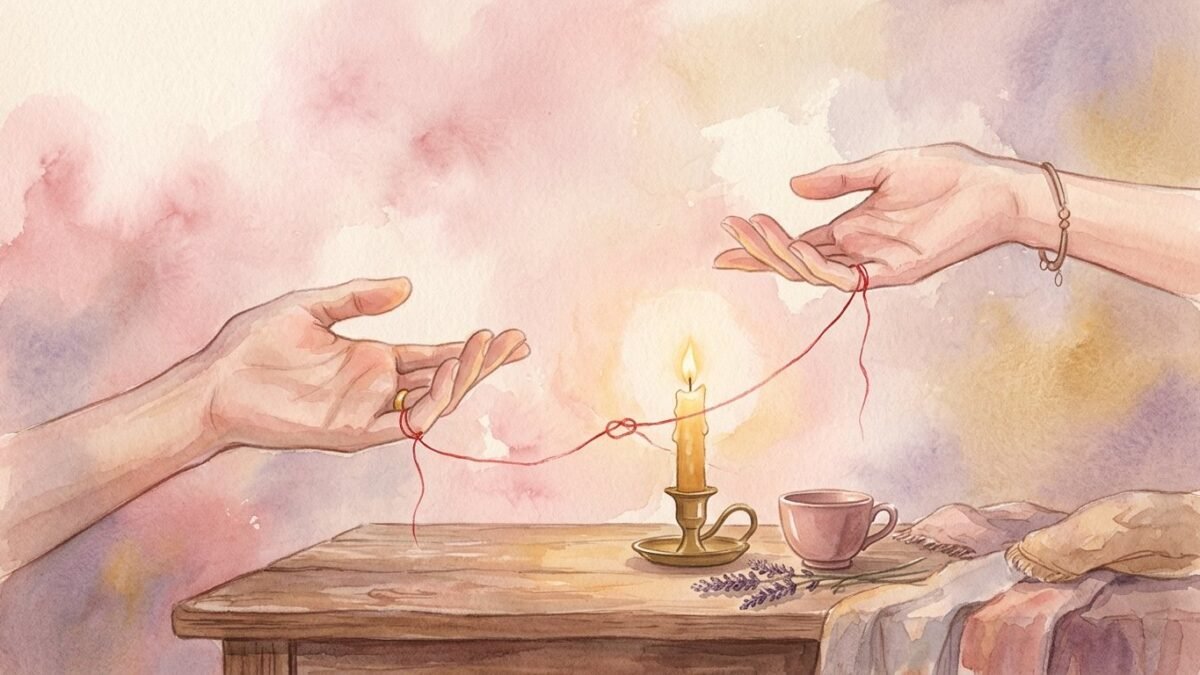 A loose silk thread knotted between two open hands reaching toward each other across a table, soft watercolour illustration