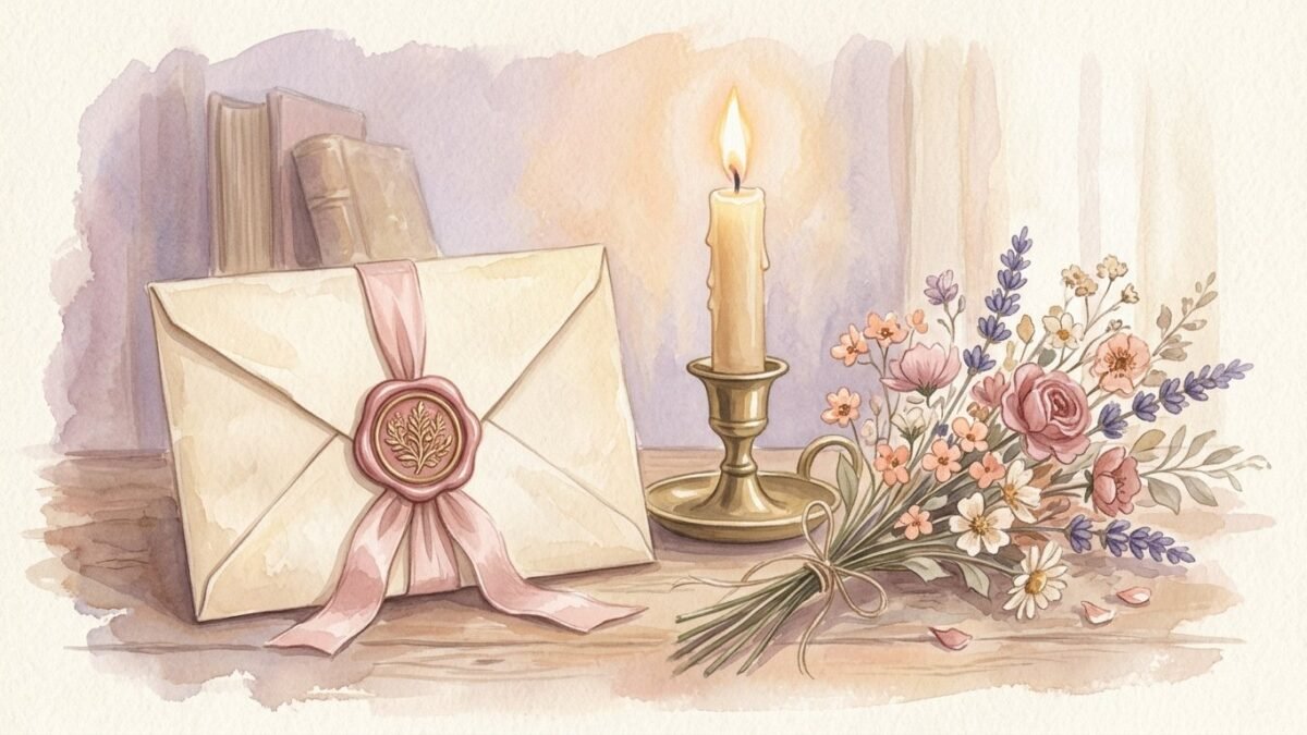 A sealed letter with a wax seal beside a lit candle and dried flowers, soft watercolour illustration