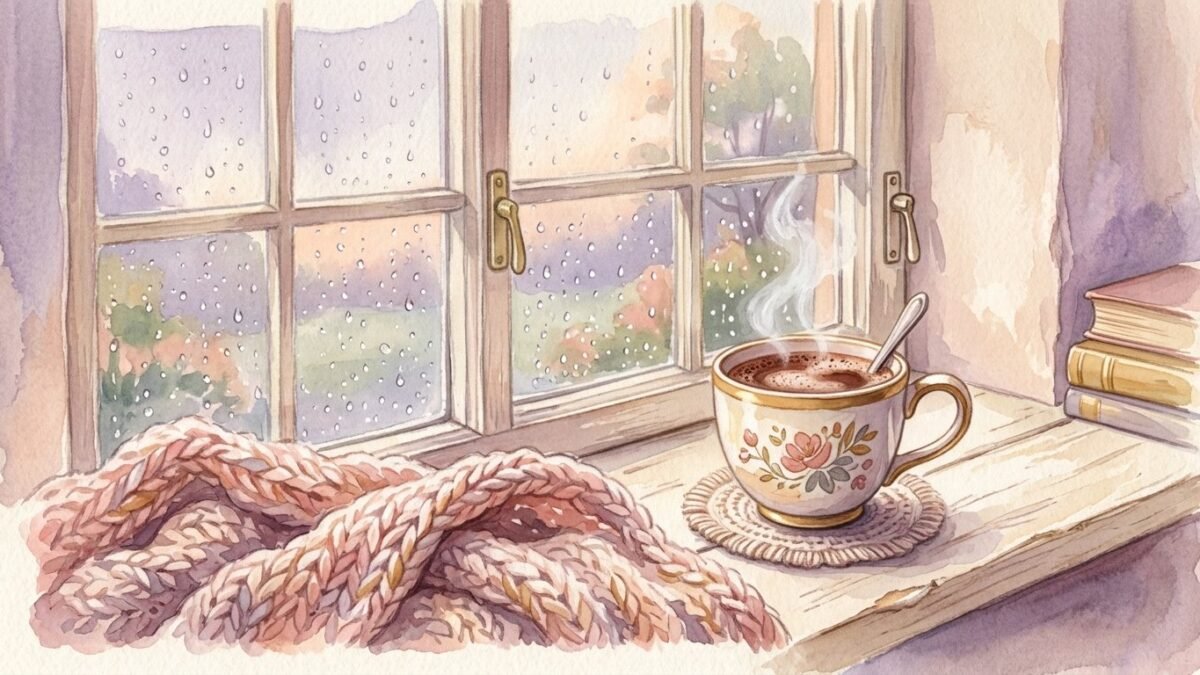 Raindrops on a window with a cosy blanket and a cup of cocoa on the sill, soft watercolour illustration