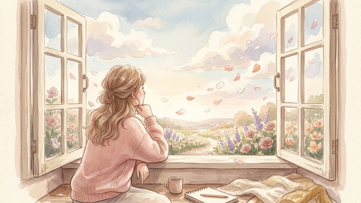 A young woman seen from behind resting her chin on her hand at an open window, petals and clouds drifting past, soft watercolour illustration