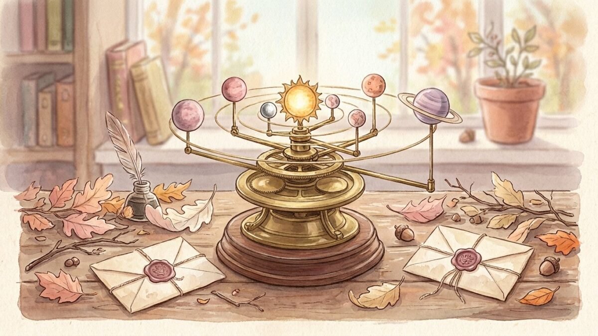 A small vintage brass planetarium model on a desk among autumn leaves and sealed letters, soft watercolour illustration