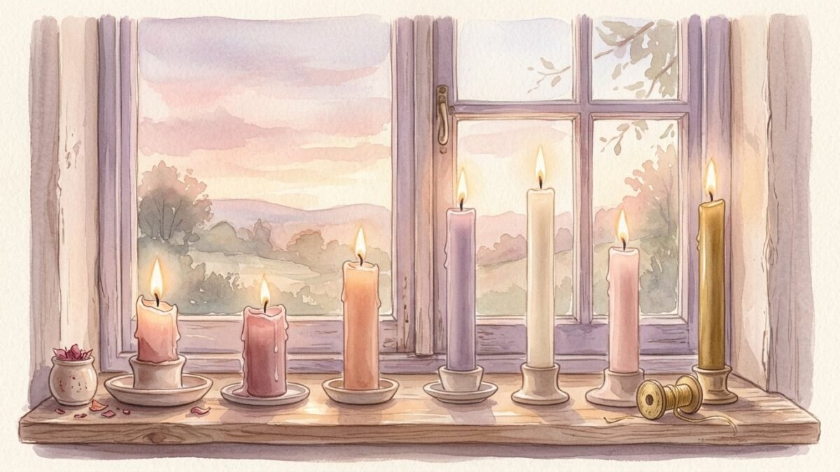 A row of small candles at different heights on a windowsill at dawn, some burnt low and some new, soft watercolour illustration