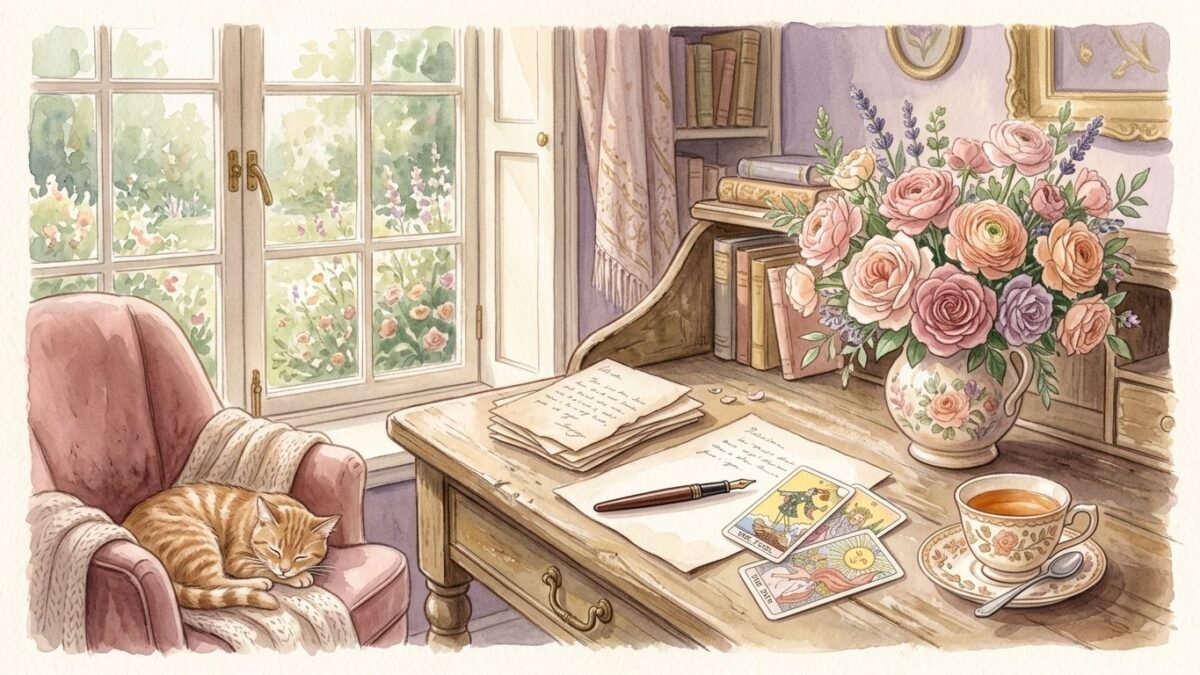 A wooden writing desk with letters, a fountain pen, a few tarot cards, a cup of tea and a vase of garden roses, soft window light, soft watercolour illustration