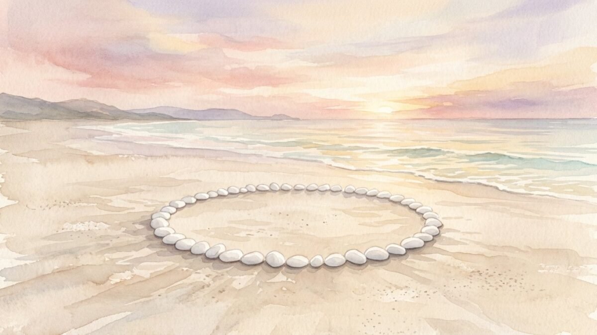 A perfect circle of white stones on a beach at dawn, a fresh start, soft watercolour illustration