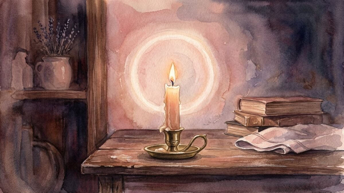 A ring of soft light around a single candle in a dark calm room, soft watercolour illustration