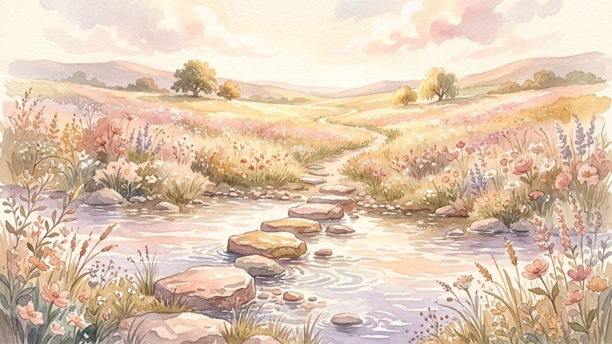A path of stepping stones leading across a stream toward a sunny meadow, soft watercolour illustration