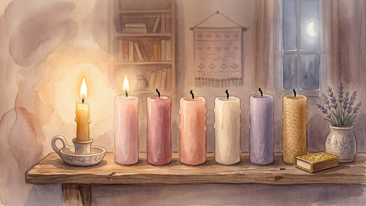 A single lit candle lighting a row of other candles, soft watercolour illustration