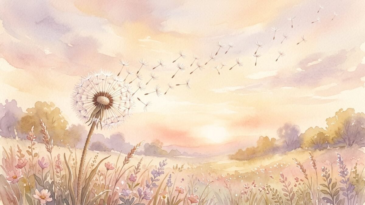 A dandelion clock releasing its seeds into a golden evening sky, soft watercolour illustration