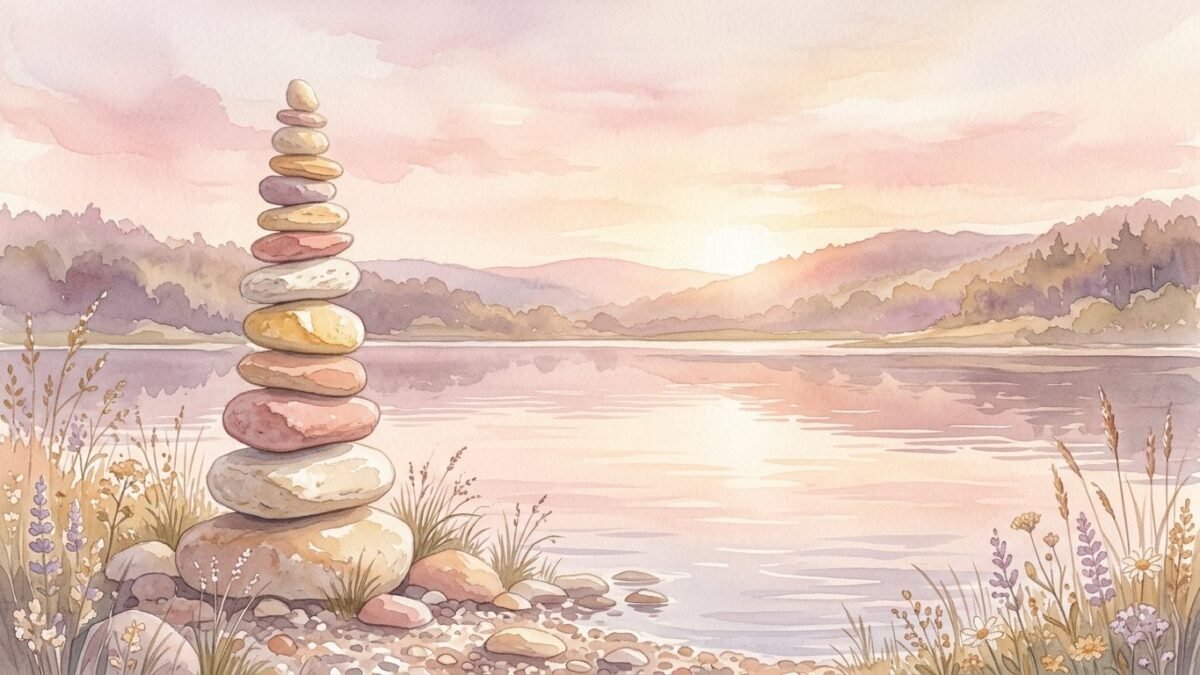 A tall tower of balanced stones by a quiet lake at sunrise, soft watercolour illustration