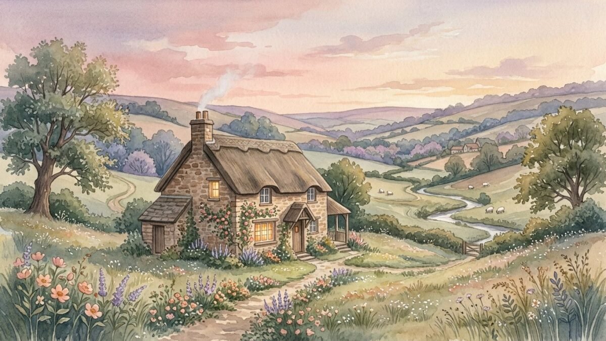 A sturdy stone cottage with a lit window in a peaceful valley, soft watercolour illustration