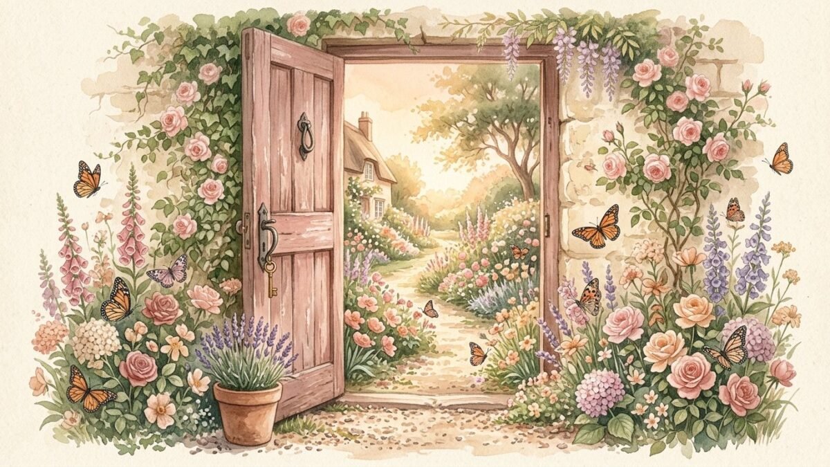 A door opening onto a new sunlit garden with butterflies, soft watercolour illustration