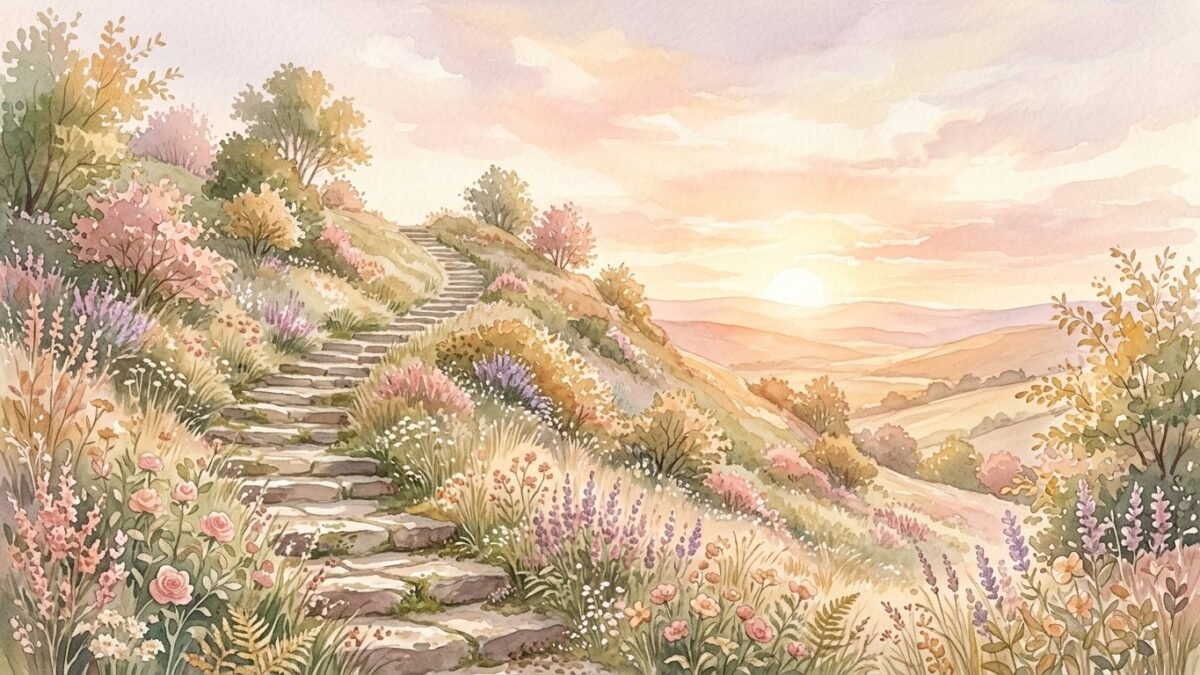 A staircase of stones climbing up a hill toward a glowing sunrise, soft watercolour illustration