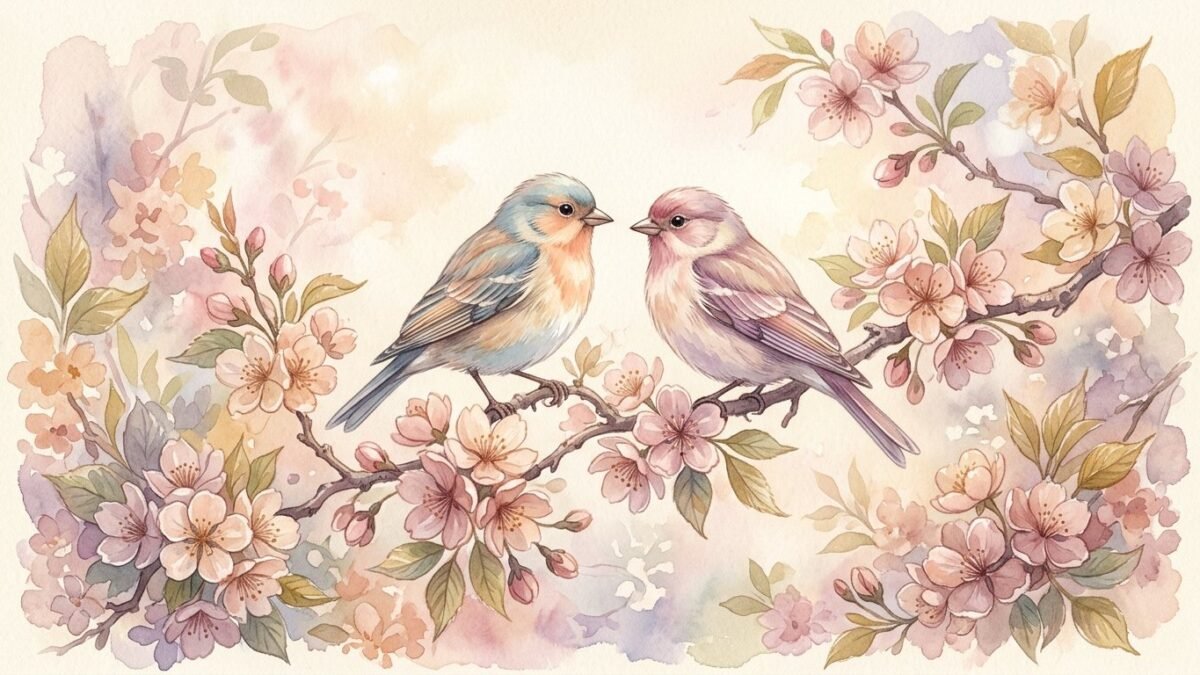 Two birds sitting on a branch facing each other, spring blossom, soft watercolour illustration