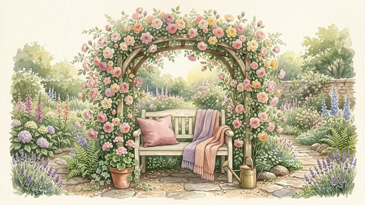 A small garden bench under an arch of roses, calm and welcoming, soft watercolour illustration