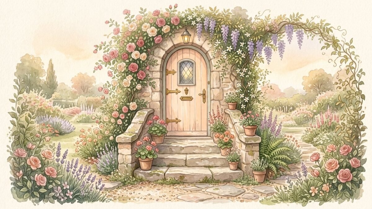 Three steps leading up to a garden door covered in climbing flowers, soft watercolour illustration