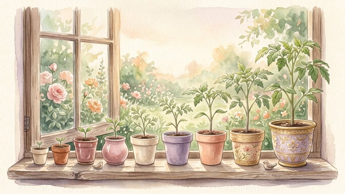 A row of seedlings in pots growing larger from left to right on a windowsill, soft watercolour illustration