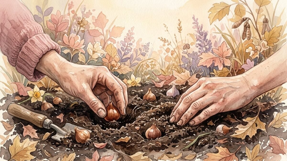A gardener's hands planting bulbs in dark soil in autumn, soft watercolour illustration