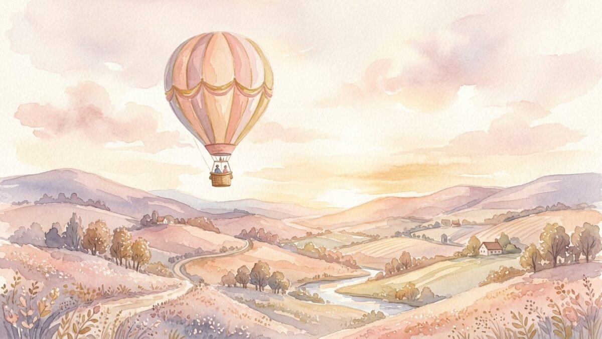 A hot air balloon rising over soft hills at dawn, soft watercolour illustration