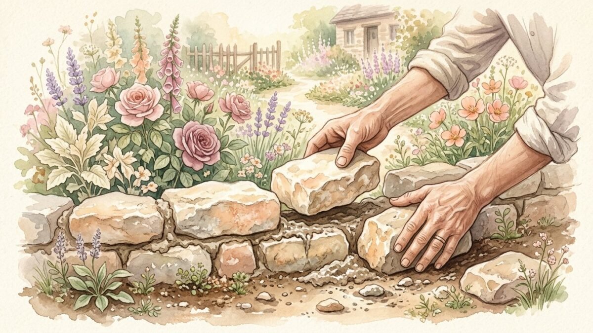 Hands laying the foundation stones of a small garden wall, soft watercolour illustration