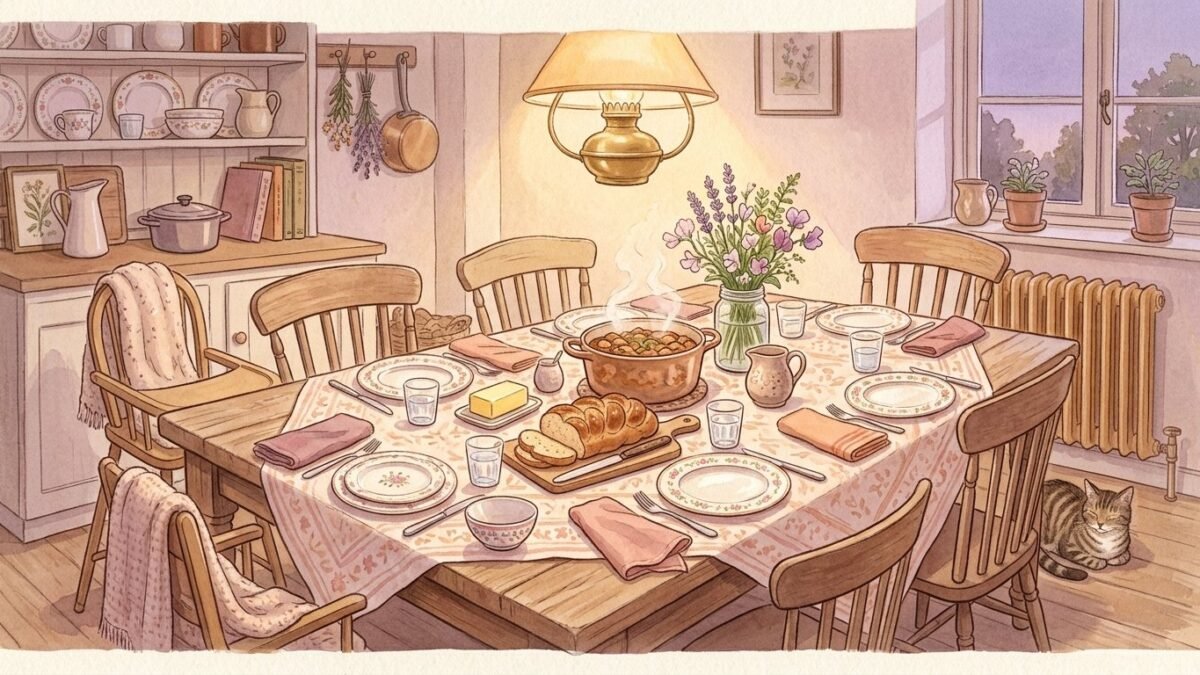 A cosy kitchen table set for a family meal, warm lamp light, soft watercolour illustration
