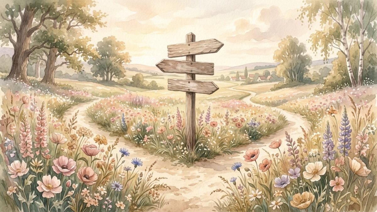 A signpost at a crossroads in a flowering meadow, soft watercolour illustration